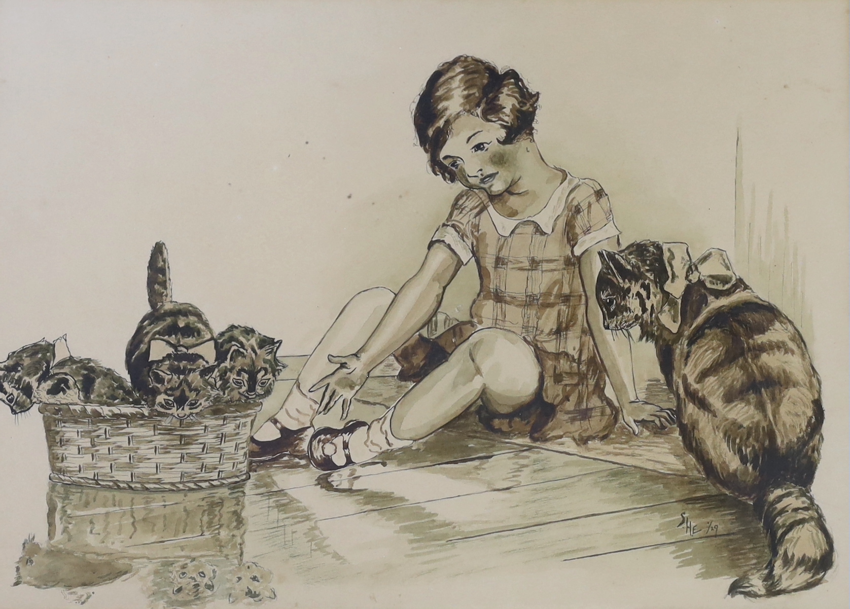 Art Deco heightened monochrome watercolour, Young girl with cats, monogrammed SHE and dated ‘29, 36 x 26cm